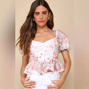 Lulus Ivory Floral Chiffon Bustier Puff Sleeve Top